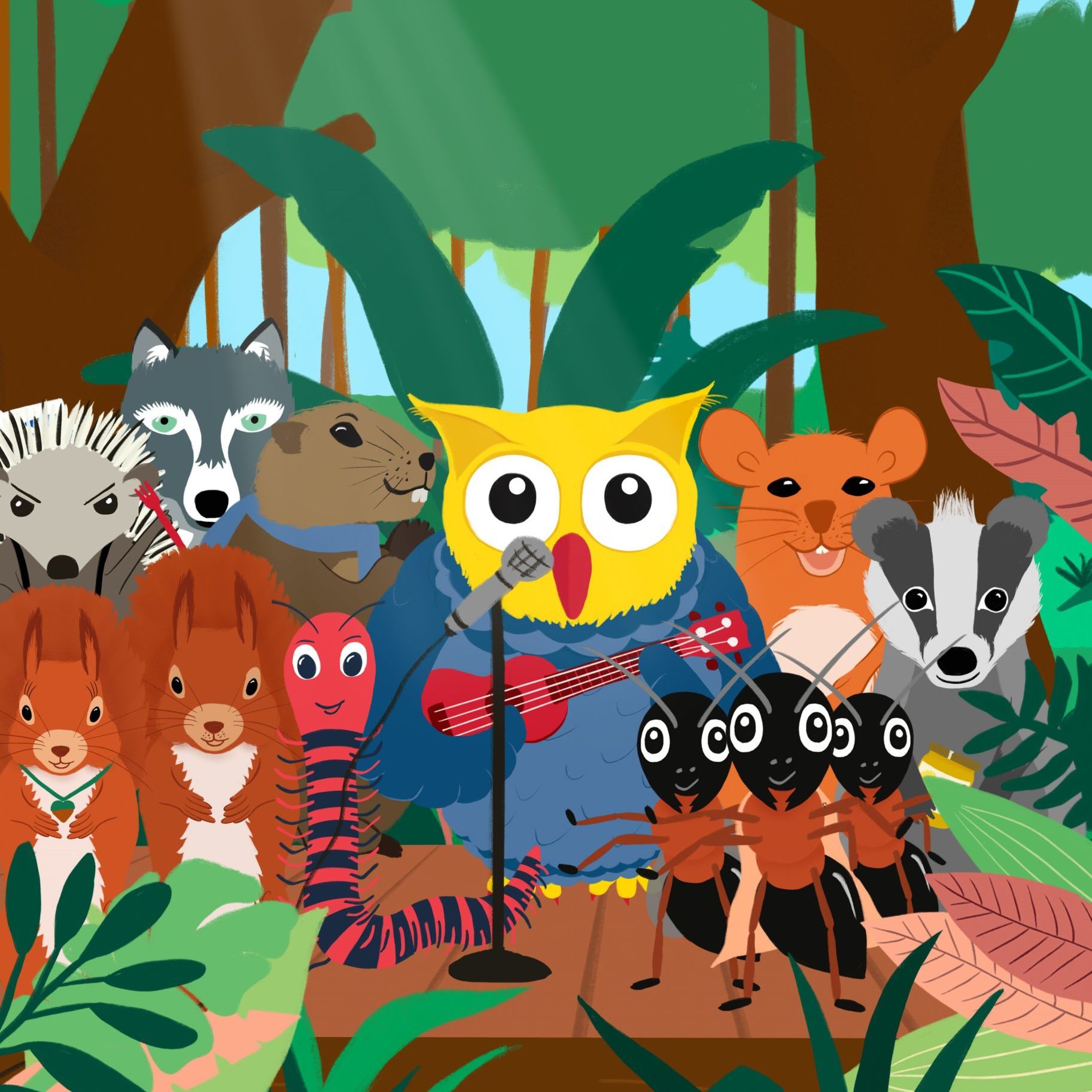 Eule findet den Beat mit allen Tieren - Illustration: Charlotte Simon